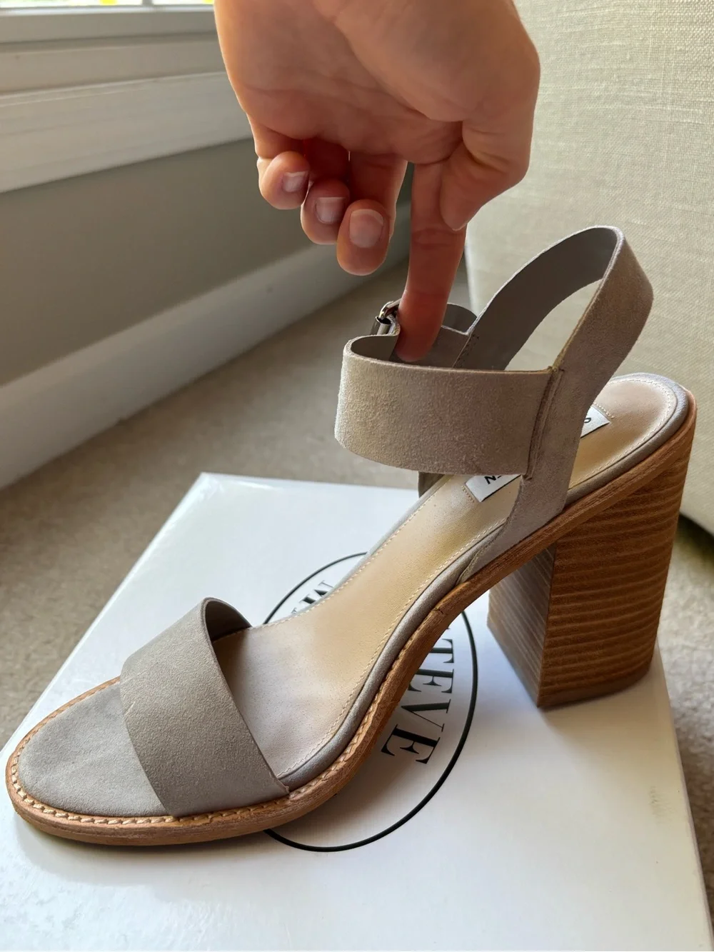 NIB- Steve Madden Grey Suede Block Heel Sandal with Gold Buckle